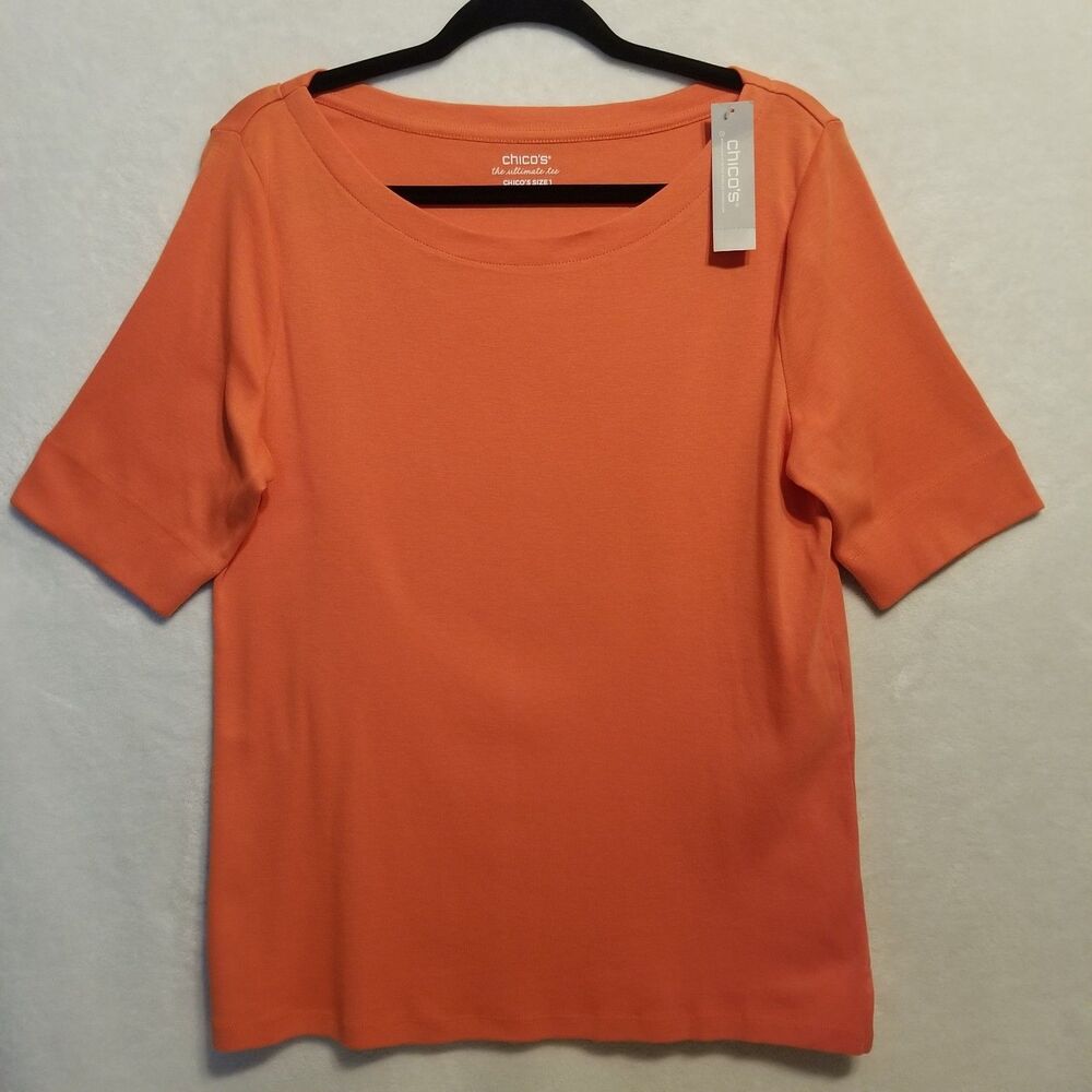 Chico's 1 (M) Top The Ultimate Tee Orange Bateau Boat Neck Pima Cotton Basic NEW